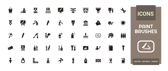 Paint brushes icon set. Related to spray, color palette, paint bucket and more. Filled icons vector illustration. Glyph icon set for web and ui. Editable stroke. © Rubbble