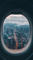 Naklejka premium Viewing a Vibrant Cityscape Through an Airplane Porthole During a Landing Approach