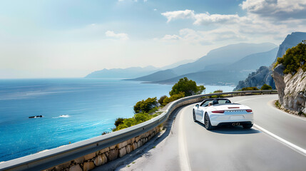  A white convertible car driving along a winding coastal road with stunning ocean views and mountainous terrain, symbolizing freedom and adventure.