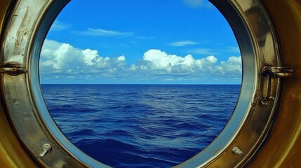 Fototapeta premium Clear View of Serene Ocean Waters and Fluffy Clouds From a Circular Porthole on a Ship