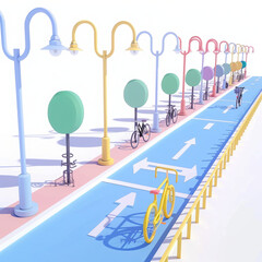 bike lane bicycles cityscape street road urban path pavement trees lampposts colorful shadows arrows outdoors recreation transportation cyclist bike track 