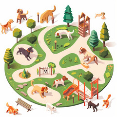 Fototapeta premium dogs park animals play trees grass paths nature outdoors pets leash running fun exercise social gathering community day environment family interaction healthy 