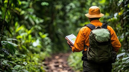 7. A forestry ranger walking along a narrow dirt path in the heart of a thick, green forest, equipped with a GPS and a notebook for tracking wildlife