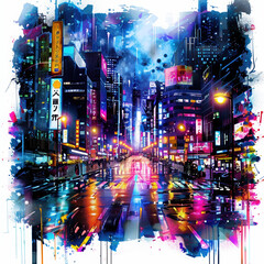 city night lights neon street urban colorful rain reflections skyscrapers architecture modern downtown buildings vibrant futuristic digital art painting cityscape 