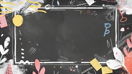 A creative and playful chalkboard theme filled with whimsical doodles, colorful scribbles, and various objects like leaves and paper pieces, representing fun and imagination.