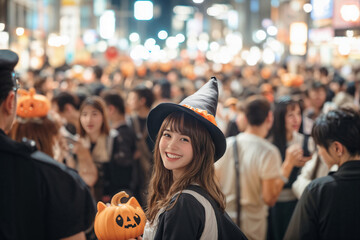 ハロウィーンの夜、渋谷の繁華街・交差点の大通りの人混みの中で魔女の仮装をして微笑む若い日本人女性(美人モデル)