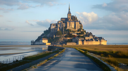 A majestic castle sits atop a hill, with a winding road leading through a sunlit landscape, capturing the beauty of the golden hour with expansive views of the surrounding area.