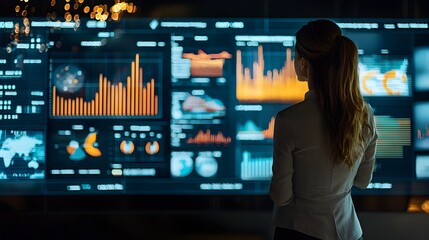 Businesswoman Analyzing Corporate Performance on Digital Dashboard