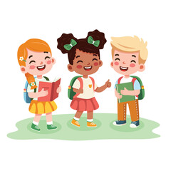 Smiling international boys and girl standing with books and a backpack on white background. Cartoon character in flat style. Vector illustration