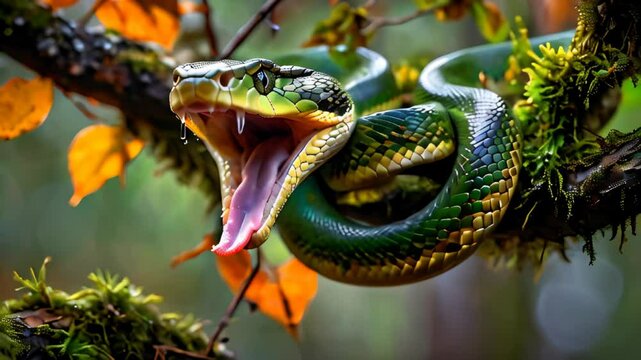 A green snake is on a tree branch with its mouth open