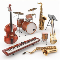 Naklejka premium musical instruments keyboard drum set saxophone guitar trumpet cello musical ensemble band equipment musical performance musician\'s tools