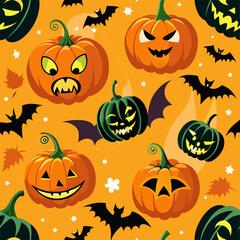 seamless pattern for Halloween with orange smiling spooky pumpkins on dark blue background. Holiday backdrop for wrapping paper, fabric, textile, scrapbook