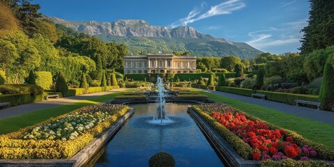 Formal Gardens with a Fountain and Manor House in Front of Mountains