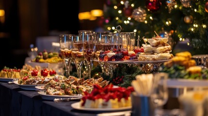 elegant banquet table adorned with an array of gourmet appetizers festive decorations and ambient lighting for a corporate holiday celebration