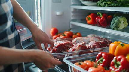 A person organizes fresh cuts of meat and colorful vegetables like bell peppers and tomatoes in a refrigerator, creating a well-organized and fresh display of ingredients.