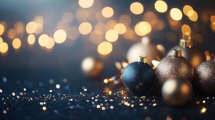 elegant dark blue christmas still life golden ornaments soft bokeh lights luxurious festive mood minimalist holiday composition