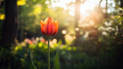 Obraz premium A single orange tulip standing tall in a garden, with soft sunlight filtering through the trees
