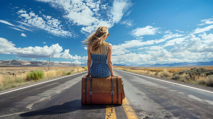 A woman sits on a suitcase in the center of a deserted road with vast skies and an open landscape, symbolizing freedom, travel, and new adventures.