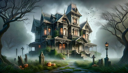 a chilling Halloween scene unfolds at a spooky haunted house, featuring eerie shadows, creaking doors, and ghostly figures, creating an atmosphere of suspense and fright for brave visitors