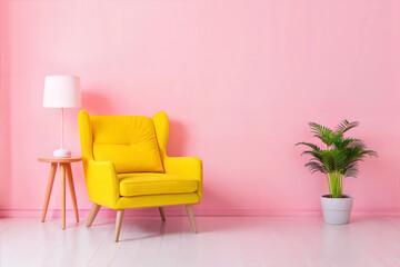 Stylish Yellow Accent Chair in a Soft Pink Room, Enhanced by a Modern Lamp and Potted Plant, Perfect for Adding a Pop of Color to Your Home Decor