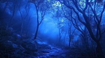 Fototapeta premium enchanted nocturnal forest bathed in ethereal blue light bioluminescent flora mistshrouded trees otherworldly ambiance