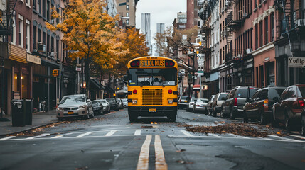 Obraz premium A yellow school bus moves down a busy city street lined with parked cars and autumn trees, representing education, urban life, and daily routines.