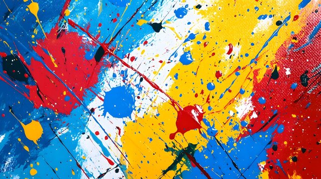 Vibrant abstract background with splashes of paint in bold, primary colors.