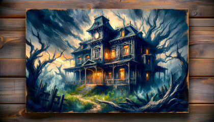 a chilling scene reveals a spooky haunted house decorated for Halloween, with eerie shadows, cobwebs, and ghostly figures, creating an unsettling atmosphere that evokes fear and excitement