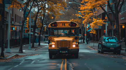 A yellow school bus drives down a quiet city street lined with trees and autumn leaves, representing education, transportation, and seasonal urban life.