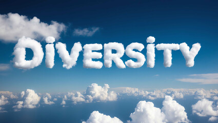diversity word made of clouds in blue sky background