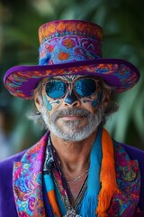 Young Latino man in hat and glasses with colorful jacket and sugar skull makeup at Day of the Dead celebration in Mexico