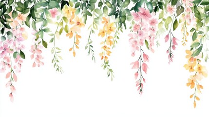 This watercolor illustration shows a flowering vine with pastel blooms and greenery on a minimal backdrop, perfect for spring decor, capturing the seasons vibrant colors and delicate essence