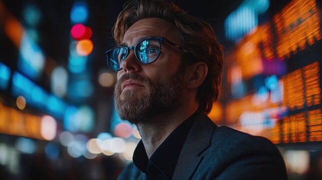 Businessman in a modern cityscape analyzing financial data and graphs