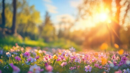 Obraz premium enchanting spring scene blurred foreground of blooming flowers leads to sunlit trees and blue sky idyllic nature backdrop with soft focus and vibrant colors