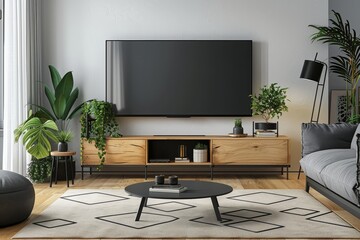 Modern living room with black and oak wood TV stand, grey sofa, coffee table, decorative plants, geometric rug, modern lamp, black accessories on white wall.