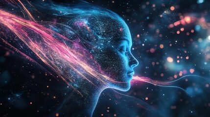 ethereal ai entity emerging from swirling nanotech particles bioluminescent tendrils cosmic backdrop