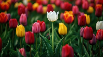 Fototapeta premium A single white tulip blooming in a field of colorful tulips, standing out with its pure elegance