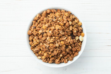 Homemade grain granola . Healthy energy eating . Top view
