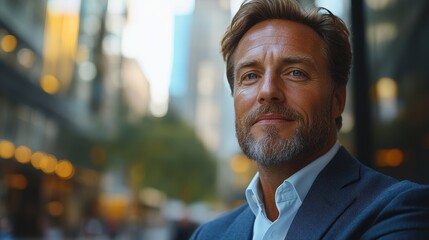 Fototapeta premium Confident businessman in a modern city thinking about future business success