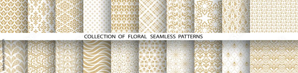 Aufkleber Geometric floral set of seamless patterns. White and golden vector backgrounds. Damask graphic ornaments