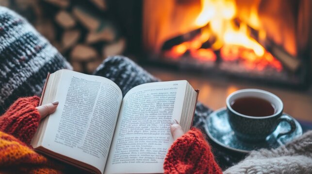 A person reading a book by the fireplace with a cozy blanket and cup of tea. winter weather