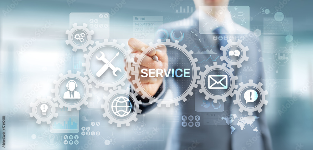Poster service support customer help call center business technology button on virtual screen.