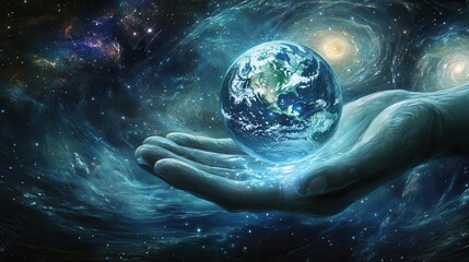 ethereal cosmic hand cradling luminous water droplet earth suspended within swirling galaxies and nebulae background symbolizing fragility and interconnectedness of life