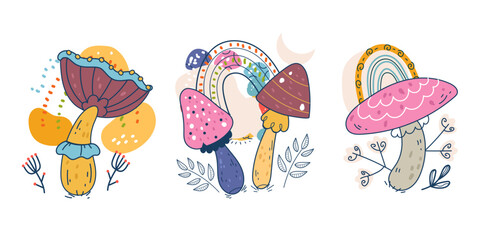 Magic mushroom psychedelic art trippy vintage isolated set. Vector cartoon graphic design element illustration