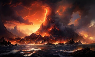 A dynamic illustration of a volcanic eruption with lava flowing into the sea