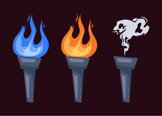 Fire burning torch flame icon isolated set. Vector graphic design illustration