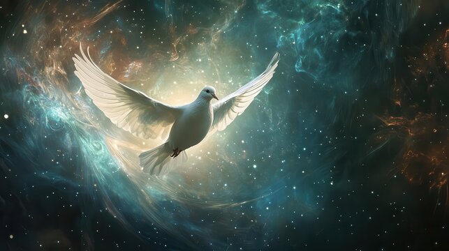 ethereal dove in flight against swirling cosmic background emanating divine light symbolic representation of holy spirit