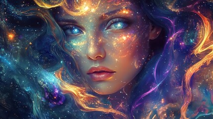 ethereal fantasy portrait of a celestial maiden with glowing skin adorned with starlight and cosmic swirls her eyes reflecting the mysteries of the universe