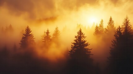 Obraz premium ethereal fog envelops golden sunset diffusing light into soft warm hues silhouetted trees emerge from misty landscape creating dreamlike atmosphere with mystical ambiance