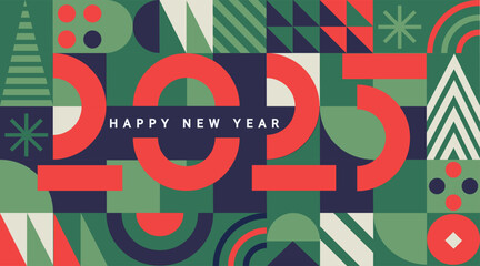 Geometric banner for 2025 New Year.Greeting poster with numbers on minimalistic background with simple geometry shapes.Template for flyer,web, cover,calendar,web,presentation,print.Vector illustration